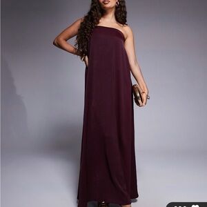 ASOS DESIGN Petite bandeau trapeze satin maxi dress in burgundy